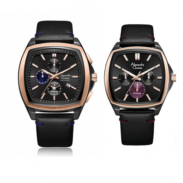 Alexandre Christie AC 6616 Black Rosegold Leather Couple